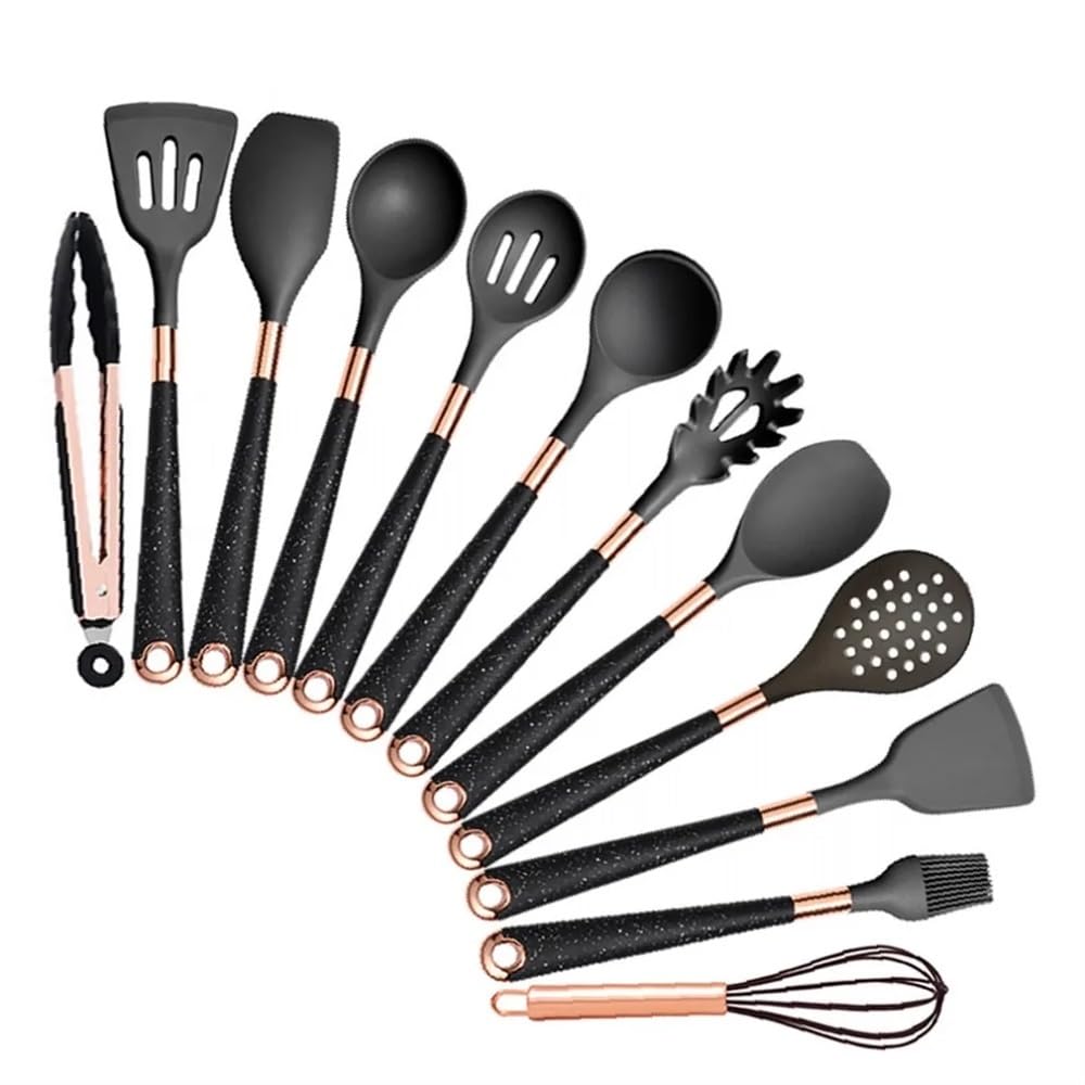 FOVAOK Silicone Cooking Utensils Set Heat Resistant Kitchen Spatula Spoon Non-Stick Tools Gift With Rose Gold-Plated Handle And Holder(Black-012)