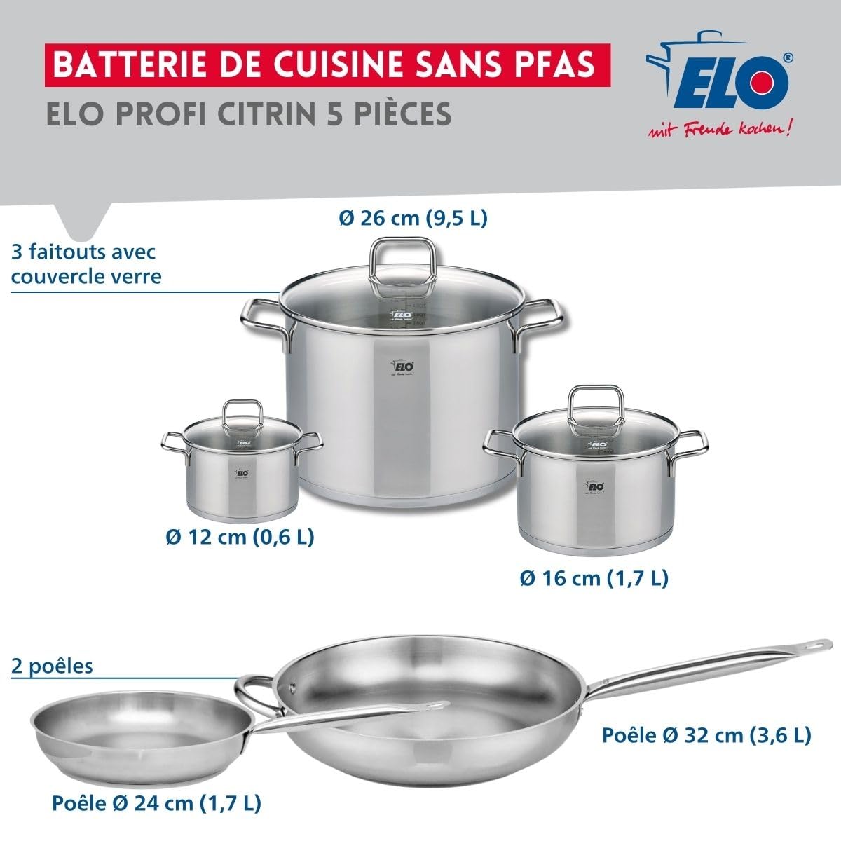 ELO 9506550 Kochgeschirr-Set, 5-teilig, 2 Bratpfannen 24 und 32 cm, 3 Kochtöpfe 12, 16 und 26 cm Elo Profi, Citrin, Edelstahl, Induktion