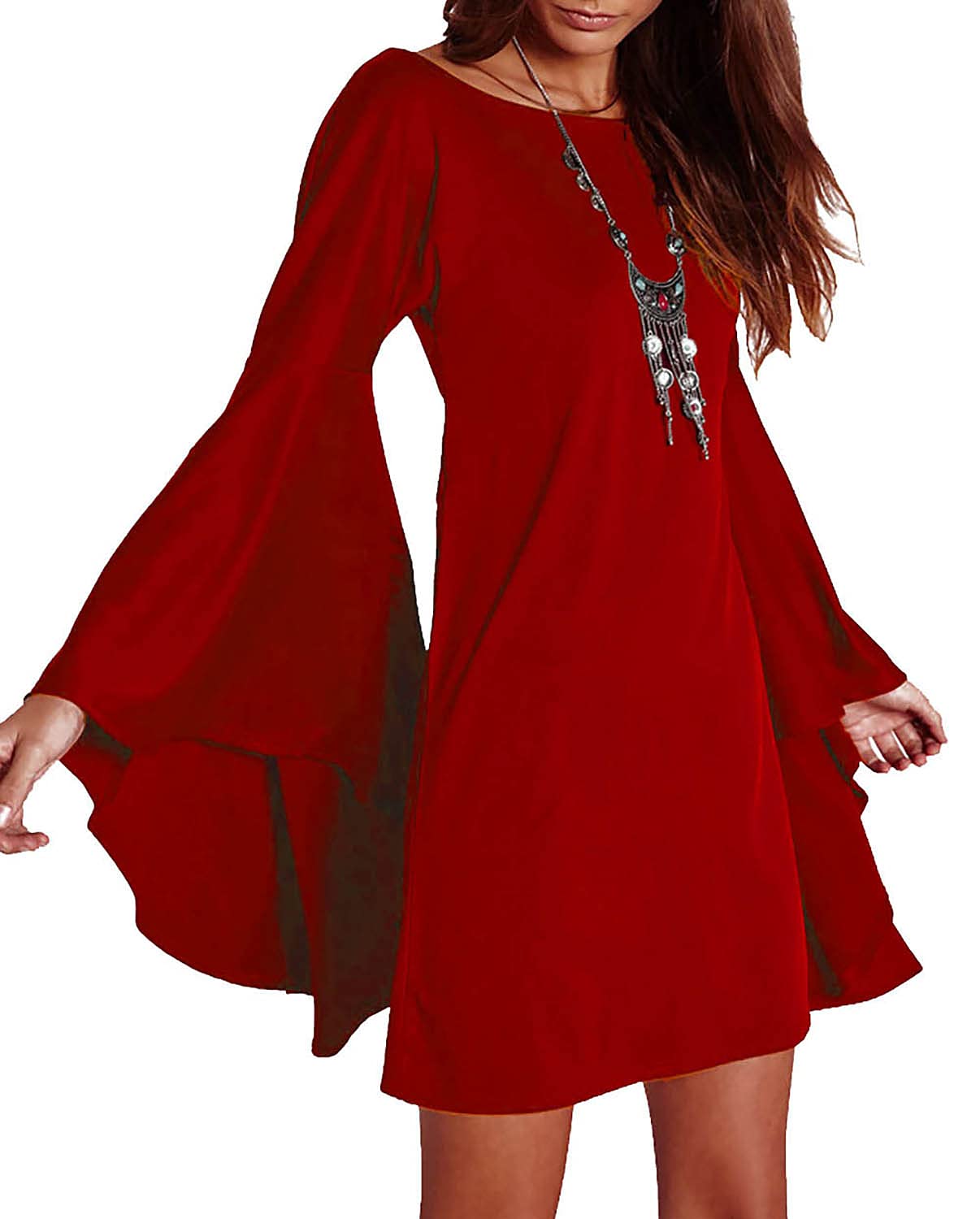 VIVICASLTE Women's USA Long Flare Bell Sleeve Blouse Mini Dress