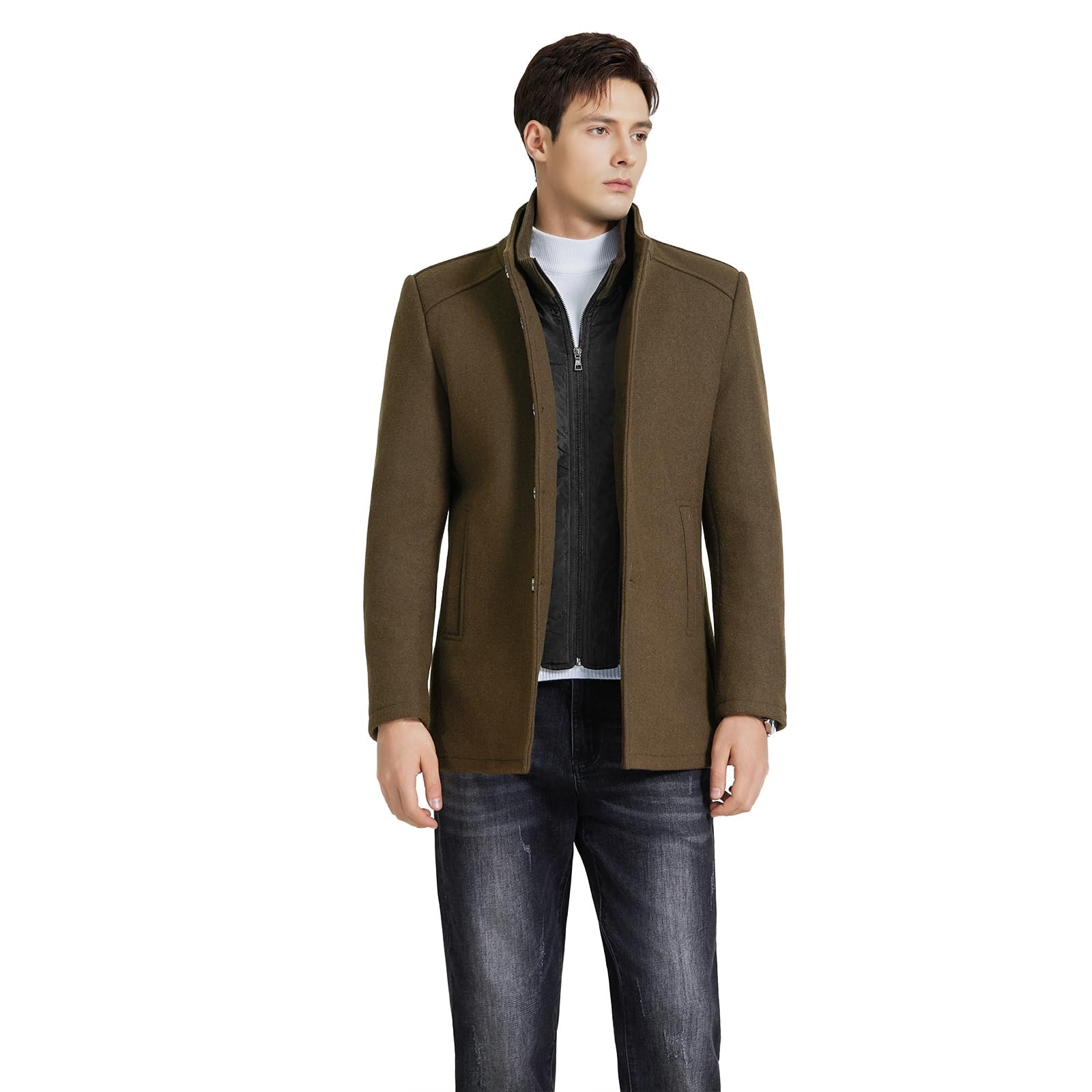 KUDORO Cappotto invernale da uomo, in lana, lunghezza media, con colletto alto, slim fit, per lavoro, tempo libero, peacoat casual