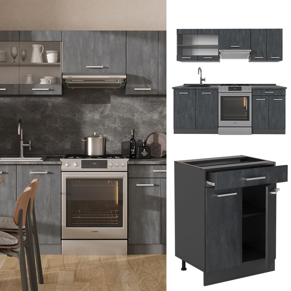 Vicco Mobile da cucina R-Line, Calce nera/antracite, 200 cm PL Antracite, adatto per l'espansione individuale con moduli aggiuntivi