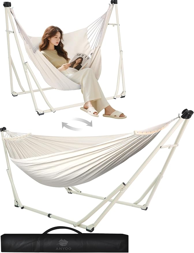 ANYOO Hängematte und Hängesessel mit klappbarem Gestell, tragbares Hängemattengestell-Set für den Outdoor/Indoor Garten Terrasse Camping Deck