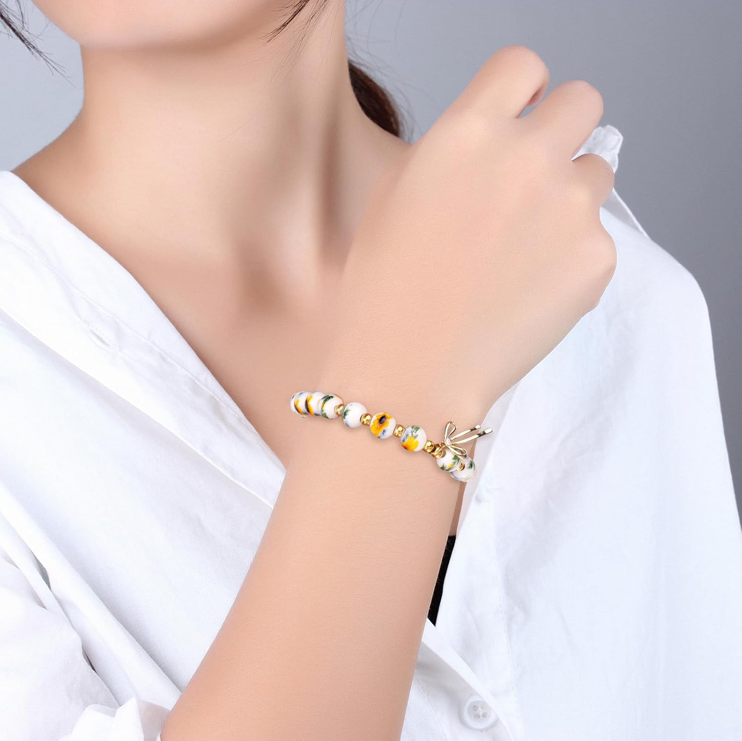 Sunflower Beaded Bow Charm Bracelet, Delicate Vintage Floral Bracelet Handmade Yellow Sunflower Porcelain Beads Wrist Jewelry for Women Romantic Jewelry Gift - Image 6