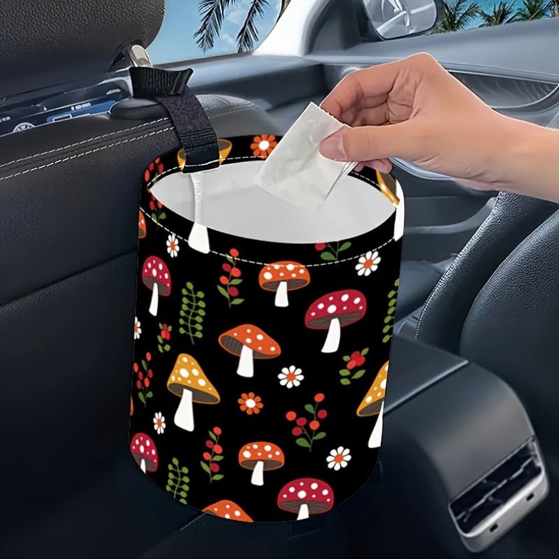 Image of Portable Reusable Waterproof Car Trash Bin, Multipurpose Vehicle Organizer, Road Trip Essentials (Mushrooms)