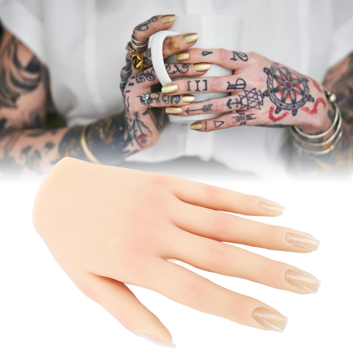 Nail Practice Hand, Flexible Bendable Silicone Mannequin Hand with Insert Nail Groove for Acrylic Nails, Fake Ring Display Model for Manicure Art (Left Hand)
