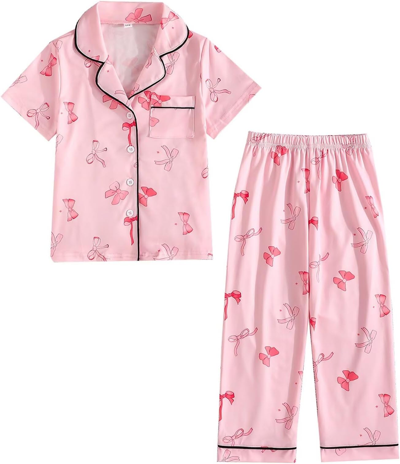 – Girls Pyjamas Sets Short Sleeve Button Down Pjs Summer Silk Satin Breathable Nightwear Kids Soft Lounge wear Sleepwear Age 4-12 Years