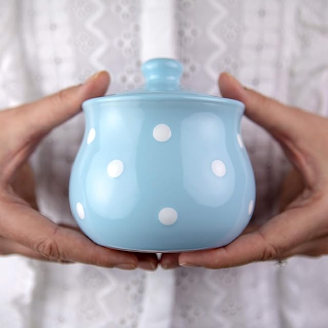 City to Cottage Jasnoniebieska i biała ręcznie malowana ceramiczna cukiernica z pokrywką w kropki, Pojemnik na miód dżem