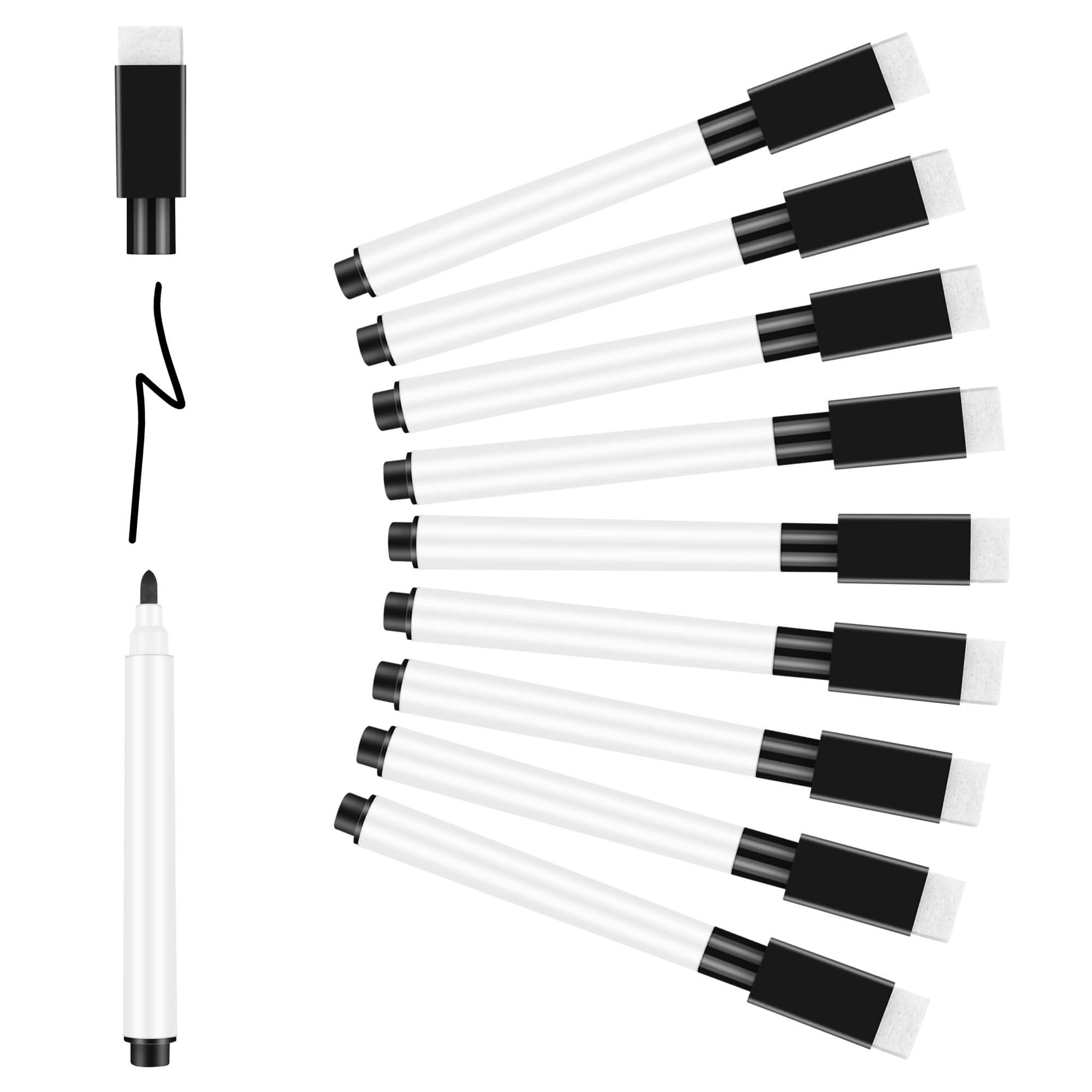 Meetory 10 Pieces Magnetic Whiteboard Markers Dry Clean Whiteboard Markers with Eraser Black for School Home and Games (4.4 x 0.4 inch)