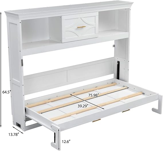 Twin Size Horizontal Murphy Bed with 2 Storage Cabinets and Drawer, Murphy Bed Cabinet with 2 Outlets & 2 USB Ports for Kids, Boys, Girls, Adults, No Box-Spring Needed, Space Saving, White
