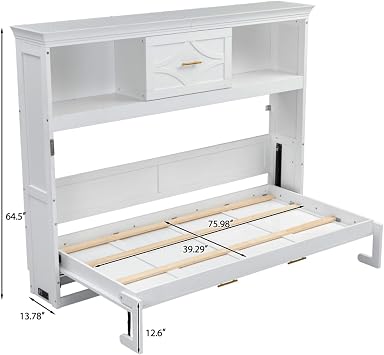 Twin Size Horizontal Murphy Bed with 2 Storage Cabinets and Drawer, Murphy Bed Cabinet with 2 Outlets & 2 USB Ports for Kids, Boys, Girls, Adults, No Box-Spring Needed, Space Saving, White