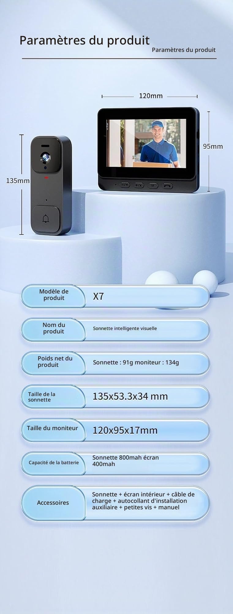 X7 Sonnette vidéo intelligente pour usage domestique avec écran d'affichage, interphone sans fil et surveillance vidéo haute définition