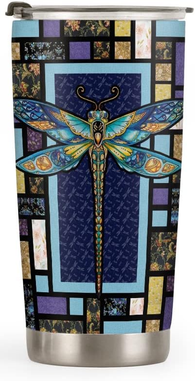 20oz Blue Mandala Mosaic Dragonfly Tumbler, Gifts for Dragonfly Lovers, Coffee Thermos for Women, Stainless Steel Double Wall Vacuum Insulated Coffee Mug, Travel Cup with Lid
