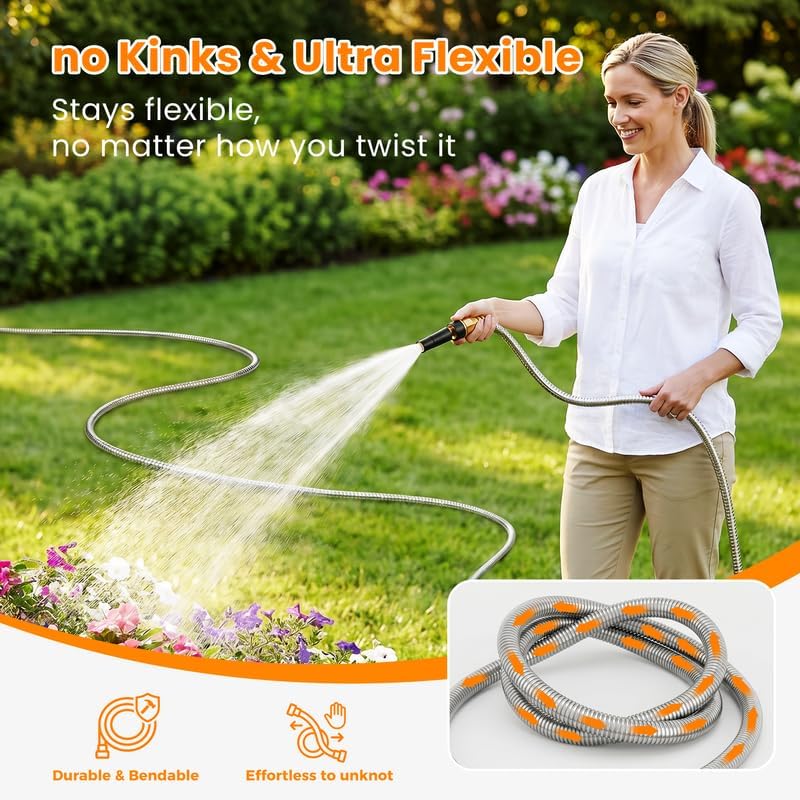 Rosy Earth Stainless Steel Garden Hose 100 FT, Heavy Duty Expandable Water Hose, No-Kink, No Bite, Flexible Garden Hoses for Yard, RV, Car thumbnail