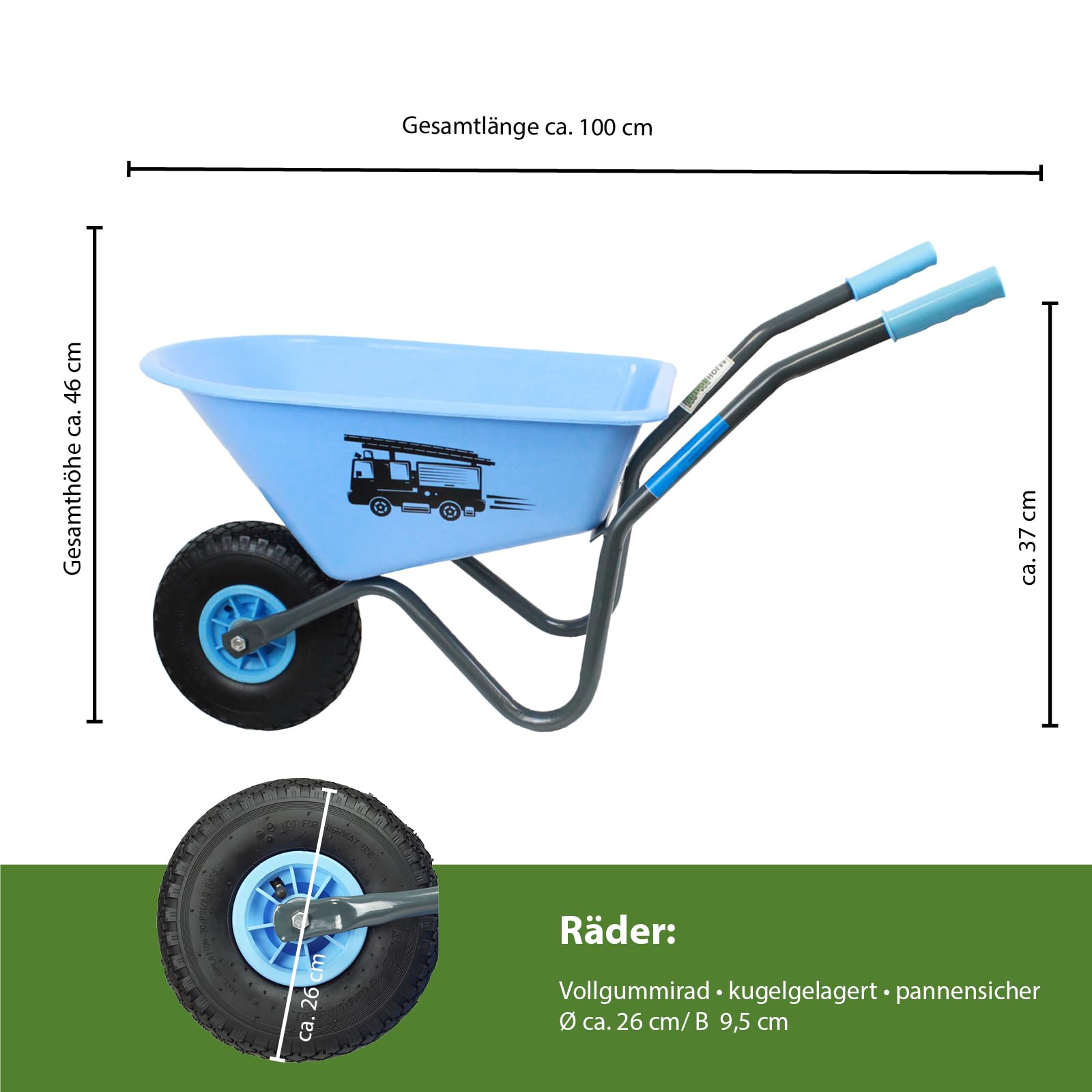 Kinderschubkarre Uni 40 kg Traglast Stahl Kunststoff grün Vollgummirad Gartenkarre