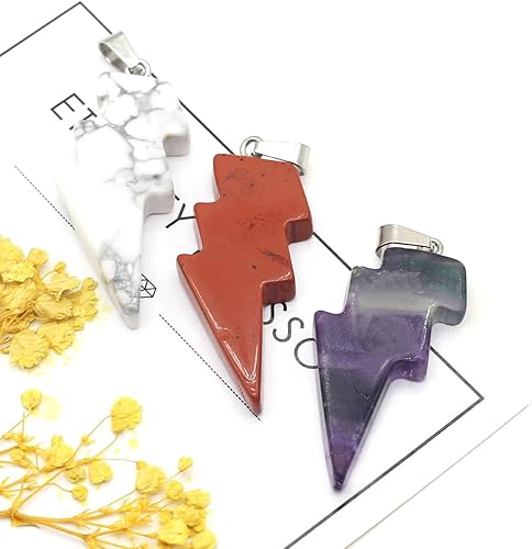 Vista 6 de LHJ 5 colgantes de piedra natural con forma de relámpago, piedra de ágata de cristal de chakra, para hacer joyas, collar, amuleto, Piedra Ágata
