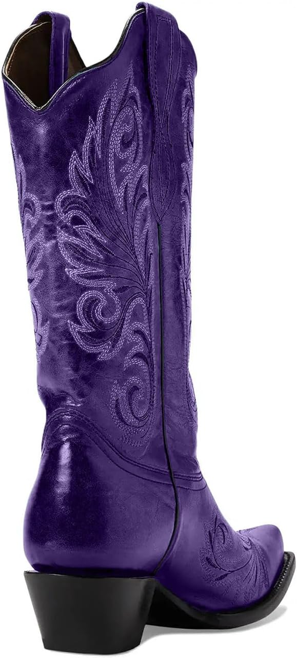 Women's Vintage Embroidered Block Heel Western Cowgirl Mid Calf Boots Fashion Square Toe Pull On V Cut Fall Winter Low Heel Cowgirl Wide Calf Boots for Women