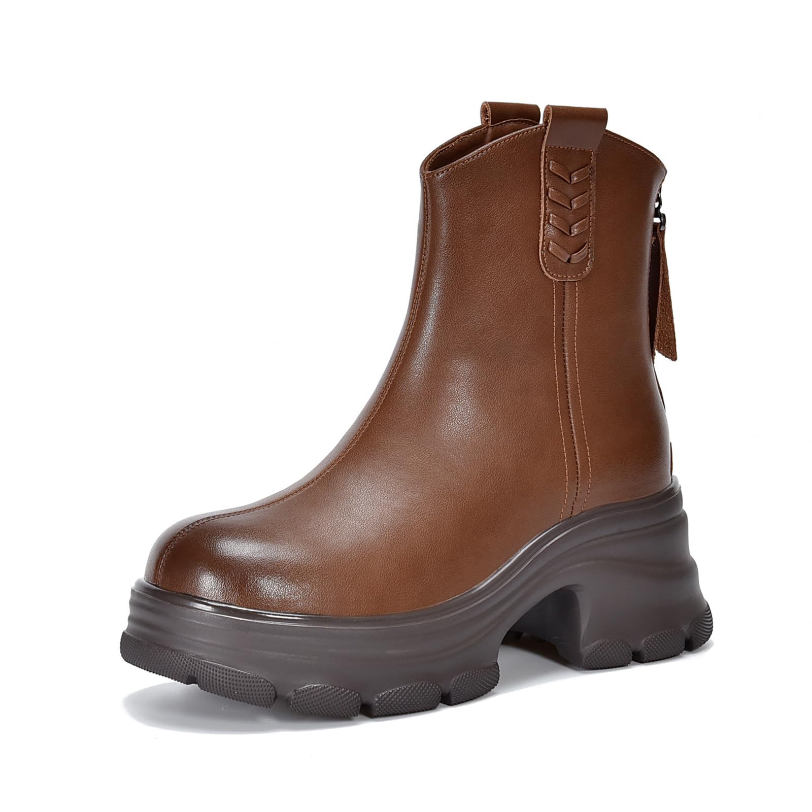 Womens Leather Chunky Heel Platform Ankle Boots Comfortable Round Toe Slip On Back Zipper Motorcycle Combat Dress Booties