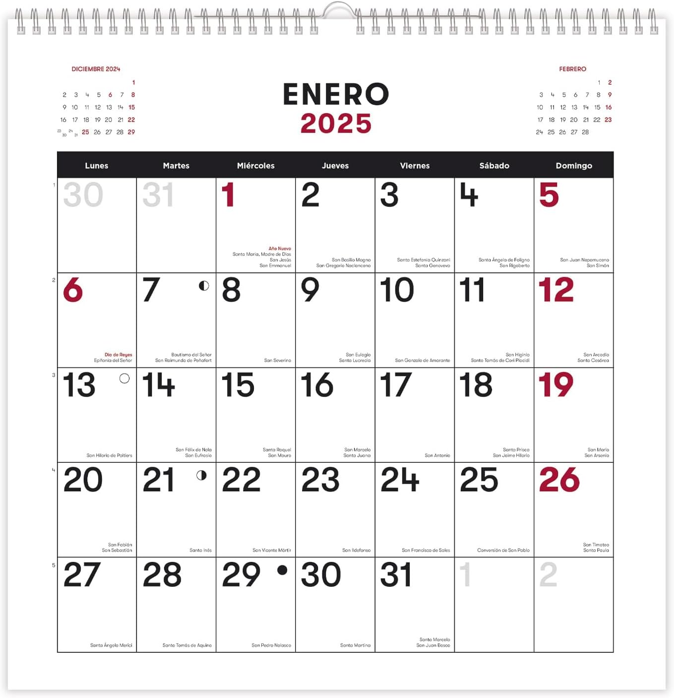 Calendario 2025 pared en Español - Calendario pared con fases lunares ...