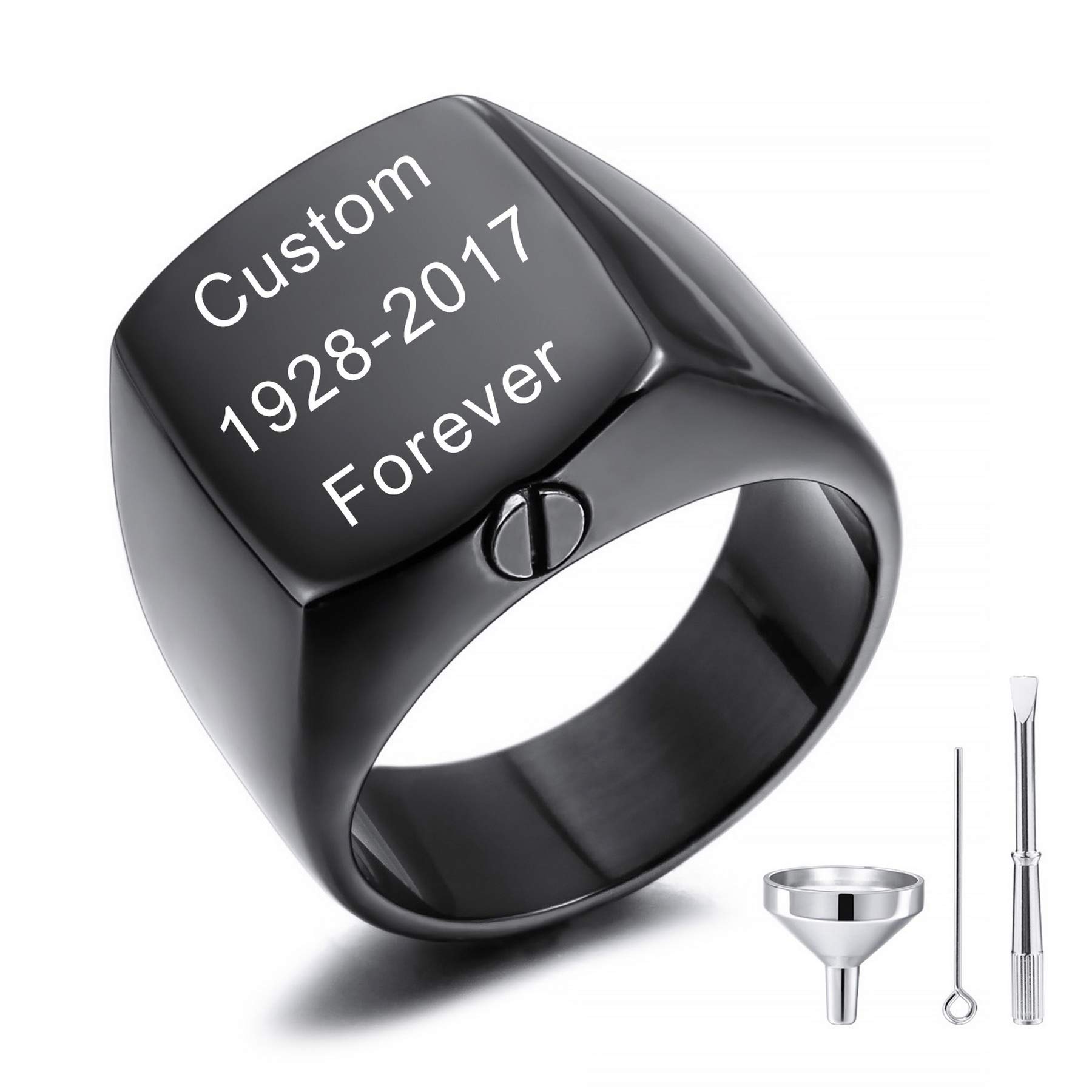 MeMeDIY Personalized Cremation Urn Ring Signet Ring Engraving Name/Text/Motto Stainless Steel Memorial Ashes Holder Keepsake for Women Men Pet Dog Cat with Funnel Kit Size Adjusters (Black Size P)