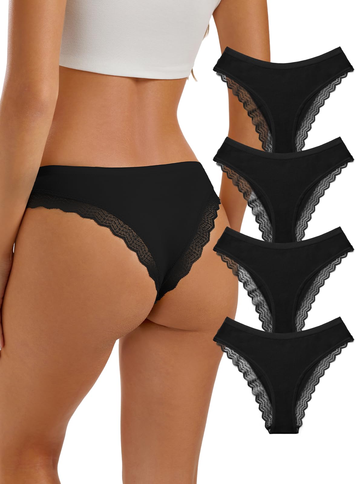 REORIA Womens Cotton Underwear Lace Cheeky Hipster Panties Sexy Low Rise Briefs 4 Pack