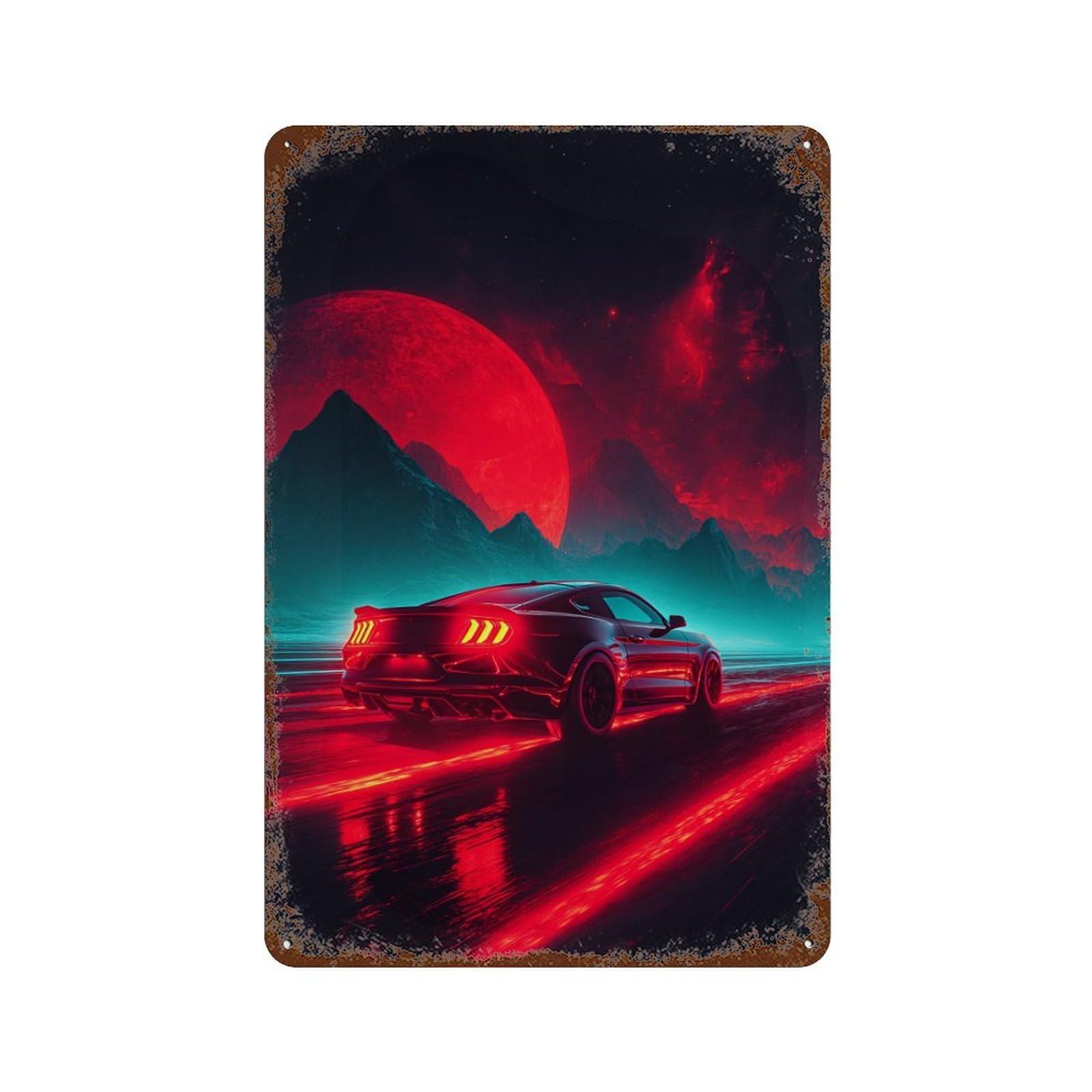 Rust Effect Neon Night Drive Fantasy Rustic Tin Plaque 11.8"x7.9", Classic Wall Plaque for Shed, Workshop And Garage Wall Decor