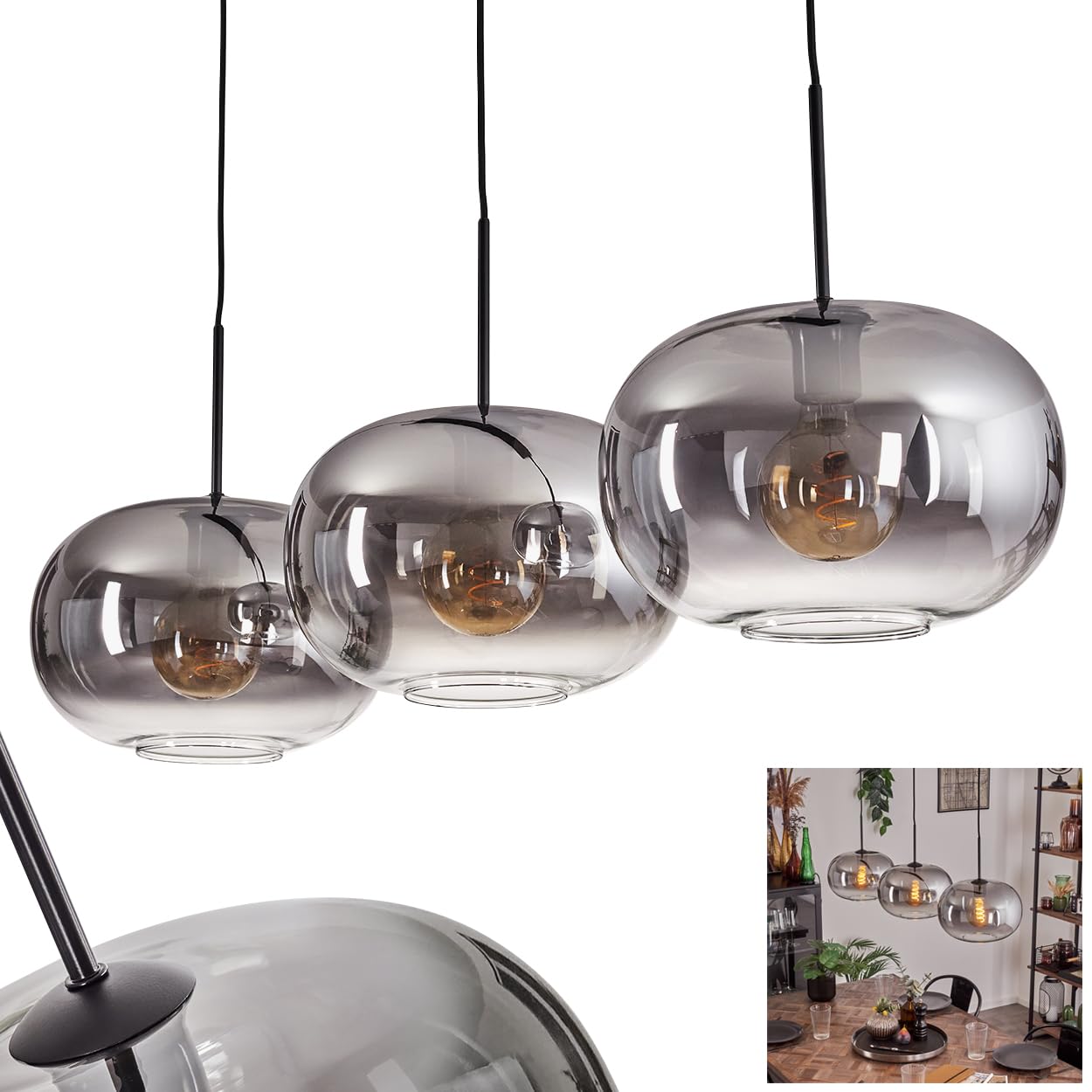 Apedo - Lampada a sospensione in metallo e vetro in colore nero/fumé/trasparente, lampada di design moderno retrò vintage con schermi in vetro (Ø 30 cm), altezza max. 145,5 cm, 3 lampadine E27, senza