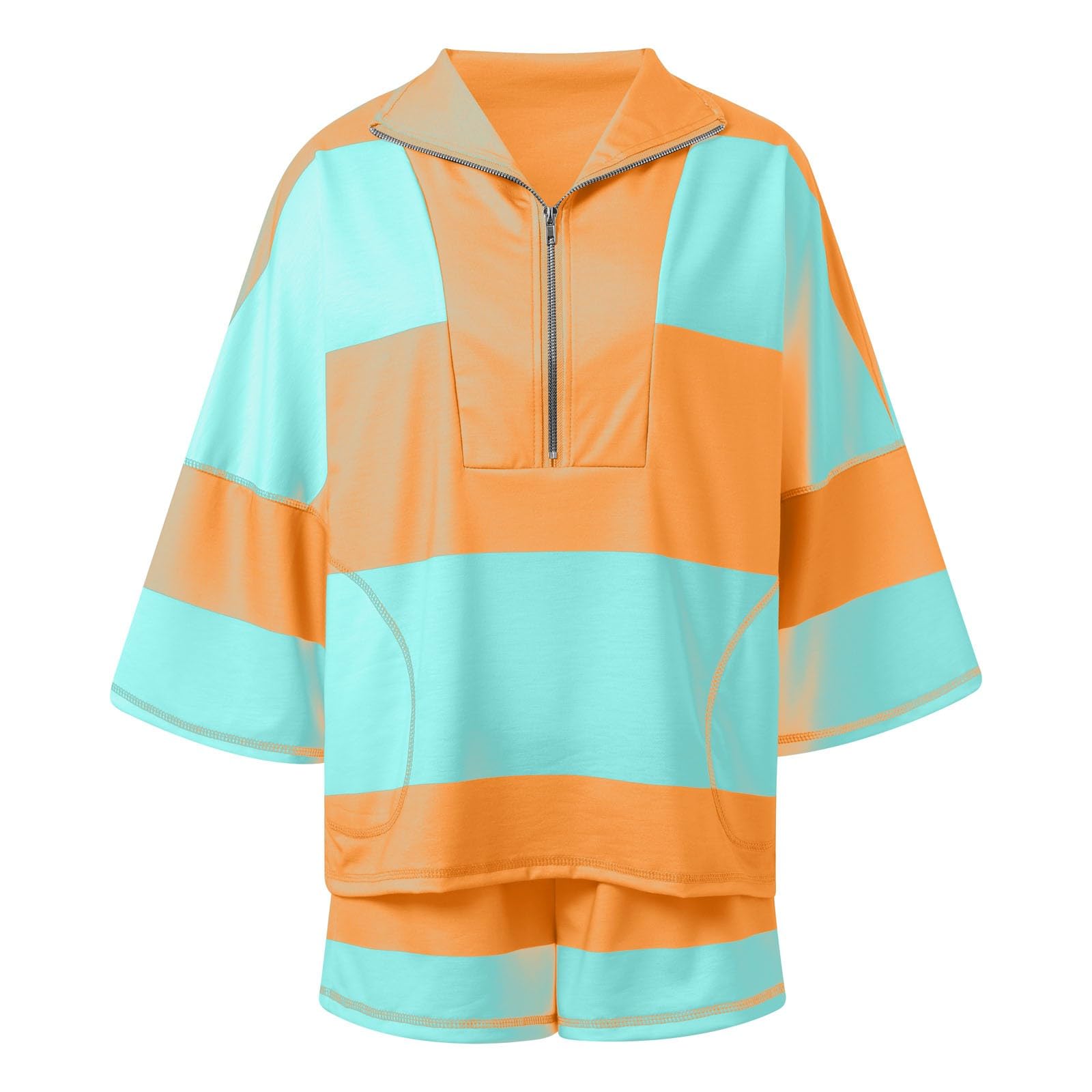 Survêtement d'été 2 pièces pour femme - Court - Couleur unie - Tenue de détente - Ensemble de vacances - Élégant et décontracté - Survêtement léger à manches courtes et short avec poches