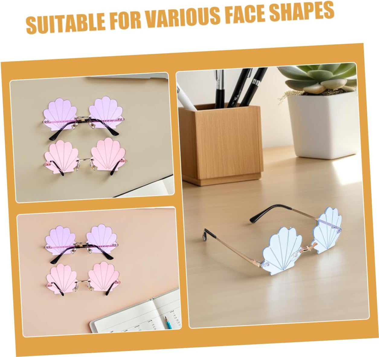 NOLITOY 3pcs Seashell Rimless Novelty Sunglasses for Lightweight and Comfortable Eyewear Fun Photo Booth Props for Beach Gatherings and Festivals