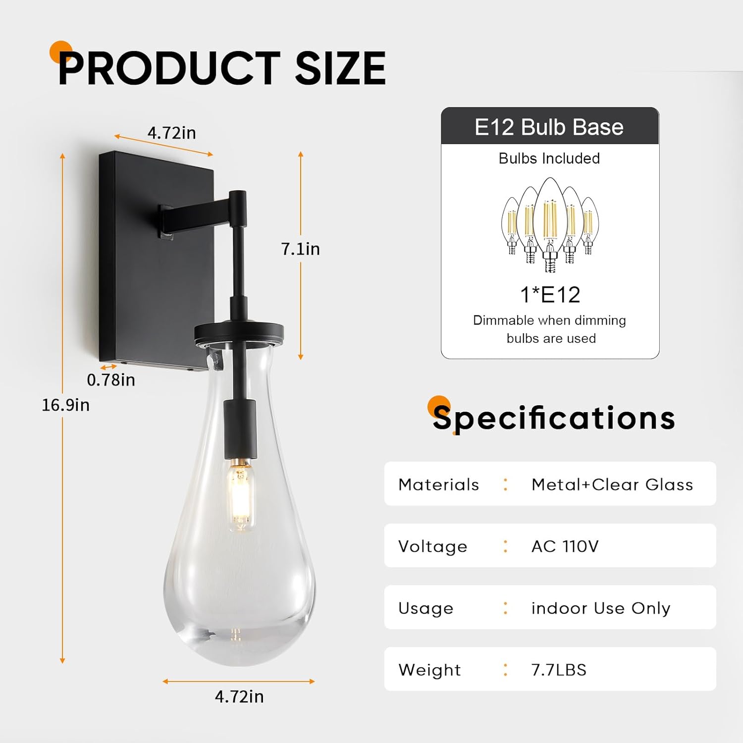 17" L Wall Sconces,Black Wall Lights Fixtures Bathroom Vanity Light Morden Wall Sconce Raindrop Wall Lamps for Living Room,Bedroom,Hallway,Stairs,Indoor