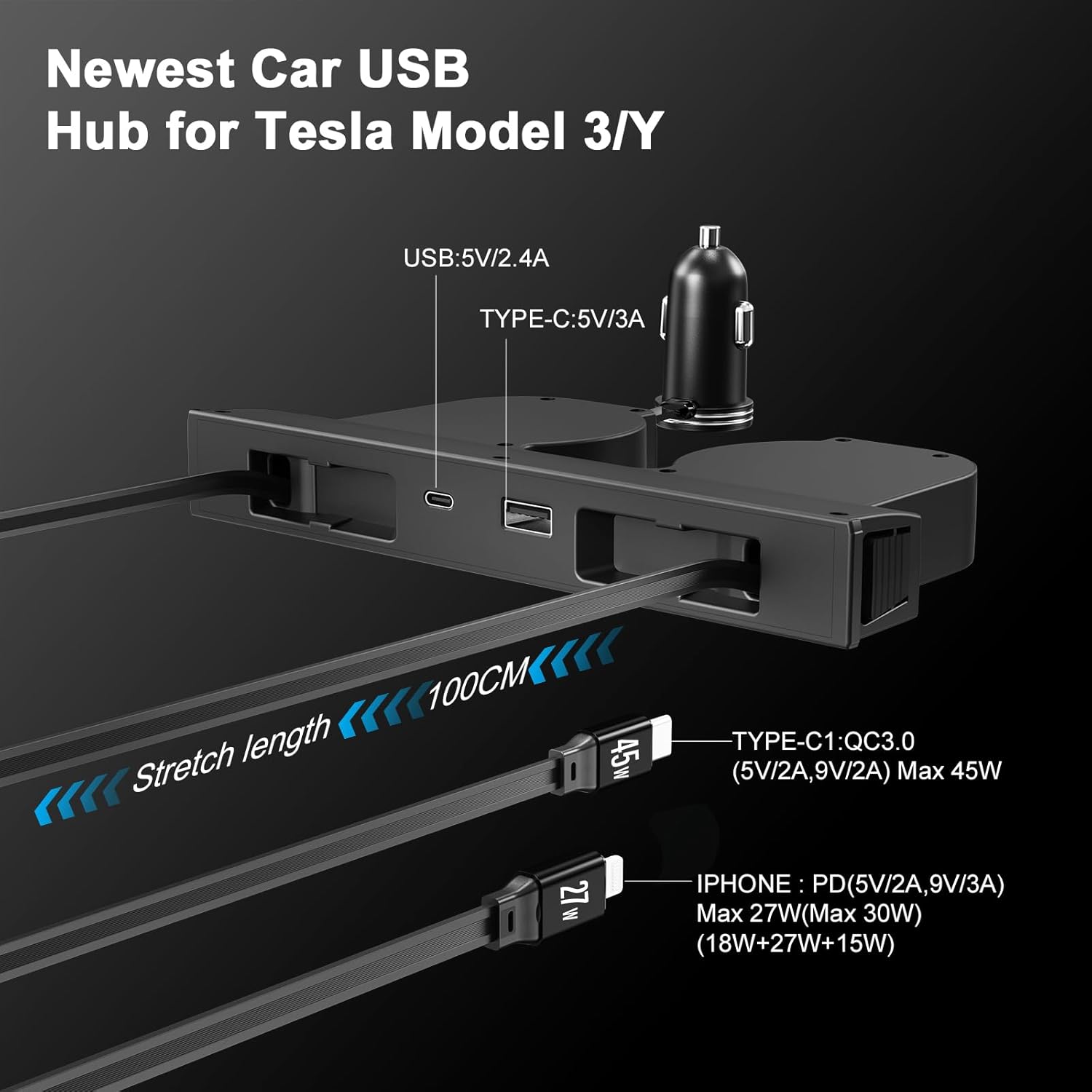 USB HUB for Tesla New Model Y Juniper & Model 3 Highland，Hidden Docking Station Design，Tesla Model 3 (2024 2025 2026)/New Model Y Juniper Accessories for Phone Charger Fast Charging Cables