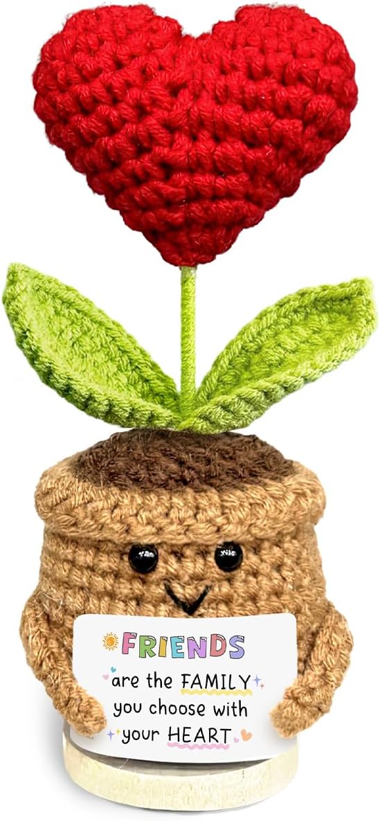 Tiny Detalles Cute Crochet Heart Flower, Friendship Cheer Up Gifts for Women on Birthday, Friends are The Family We Choose Positive Crochet, Appreciation Gifts for Coworkers, Friends, Men, Bestie
