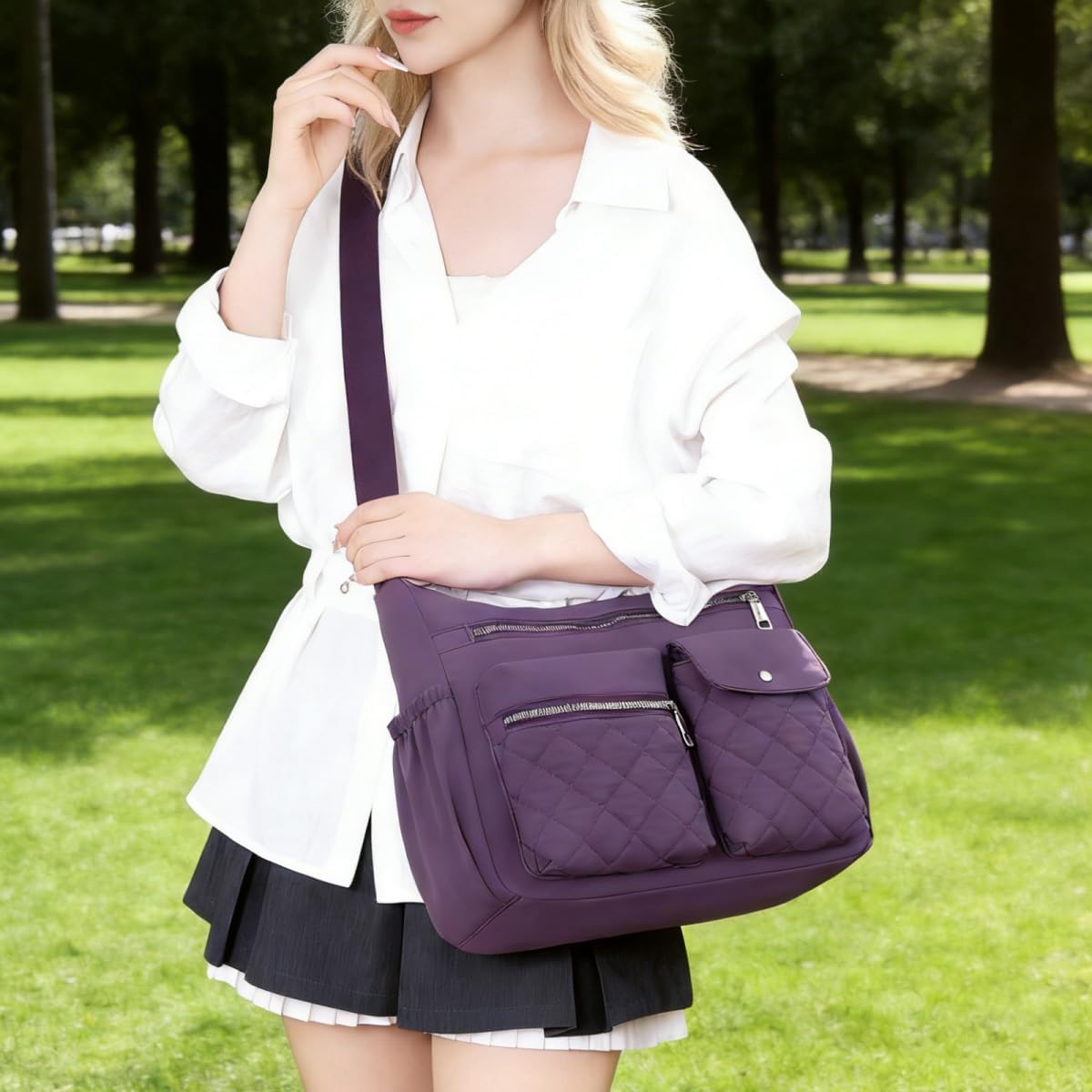 Crossbody Bag for Women Casual Quilted Handbag Nylon Waterproof Travel Purse Trendy Ladies Multipocket Shoulder Bag