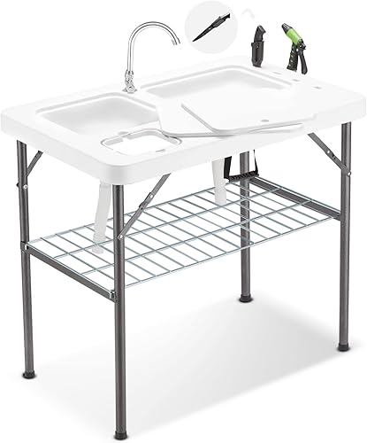 Avocahom Mesa plegable de limpieza de peces mesa portátil para fregadero de campamento con cuencas de agua dobles manguera de drenaje de grifo y