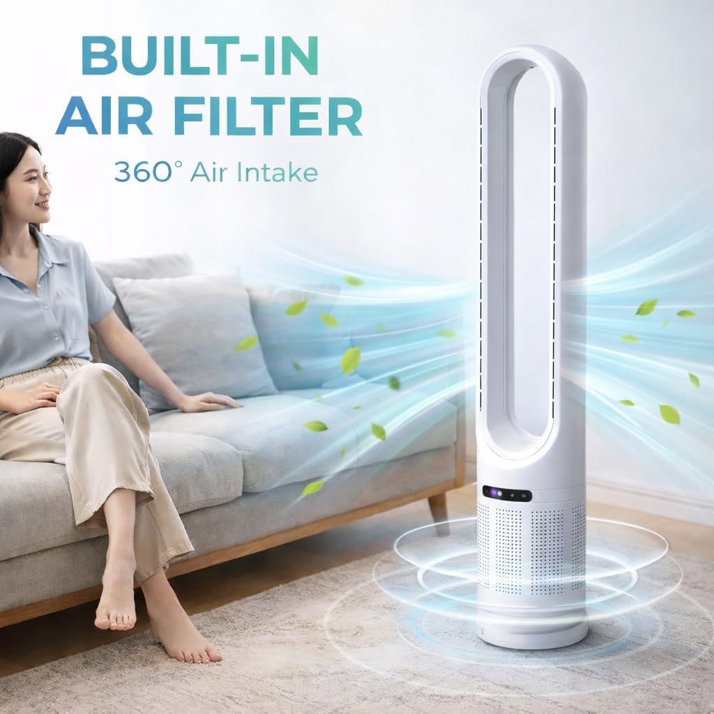 41" Bladeless Tower Fan with Air Filter, 80° Oscillating Fan with Remote Control, 8 Speeds, 8H Timer, Quiet Cooling Fan with LED Display, Standing Fan for Bedroom, Home, Office