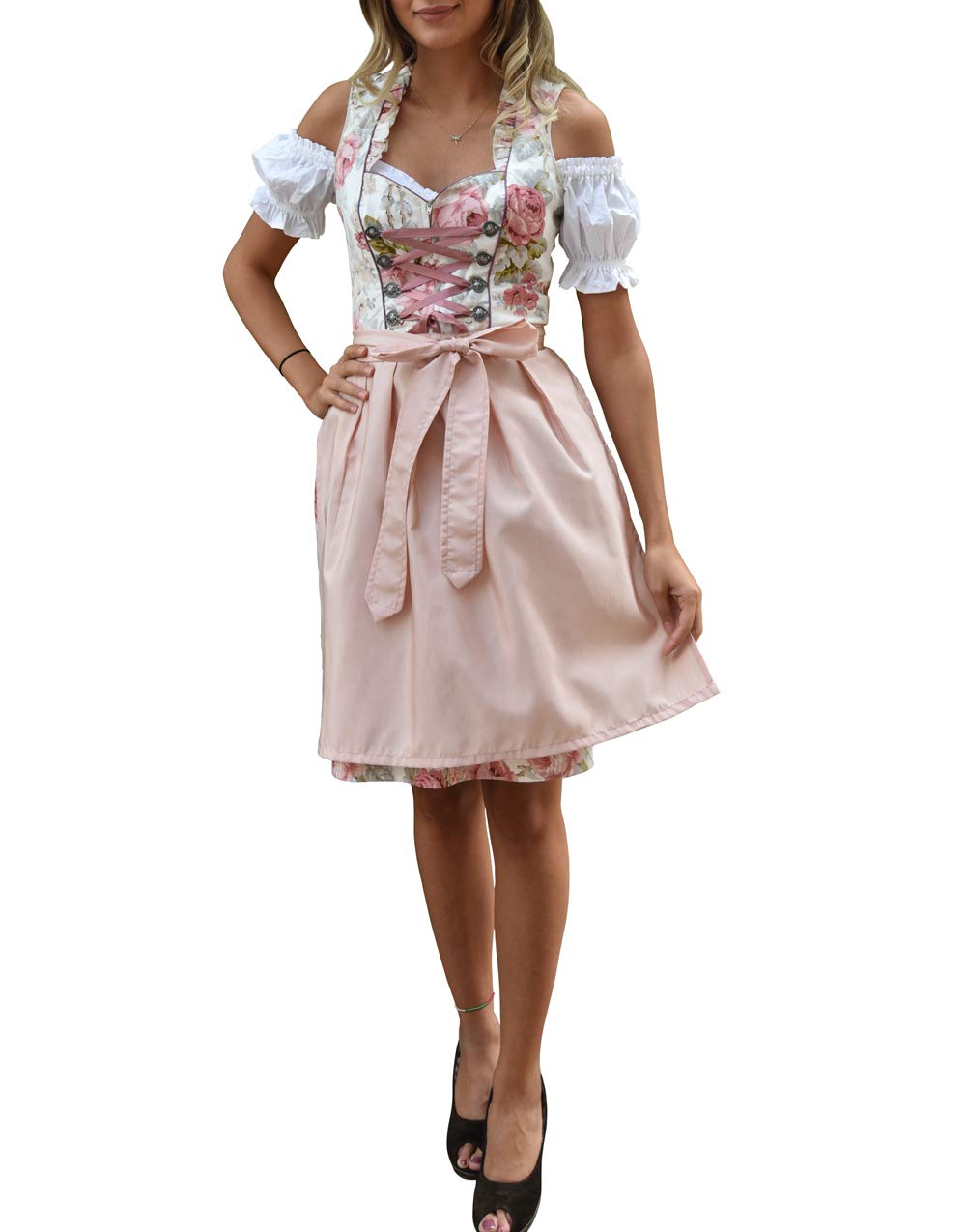 Dirndl 3 TLG, Damen Midi Trachten-kleid für Oktoberfest, Rosa Grün geblümt, 514GT (36)