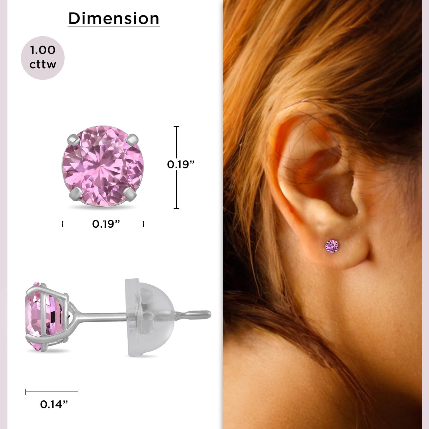 Jewelili 10K White Gold 5MM Round Pink Cubic Zirconia Solitaire Stud Earrings for Women | Classic Jewelry with Gift Box | Timeless Fashion Jewelry Gift for Her | Dainty Earrings