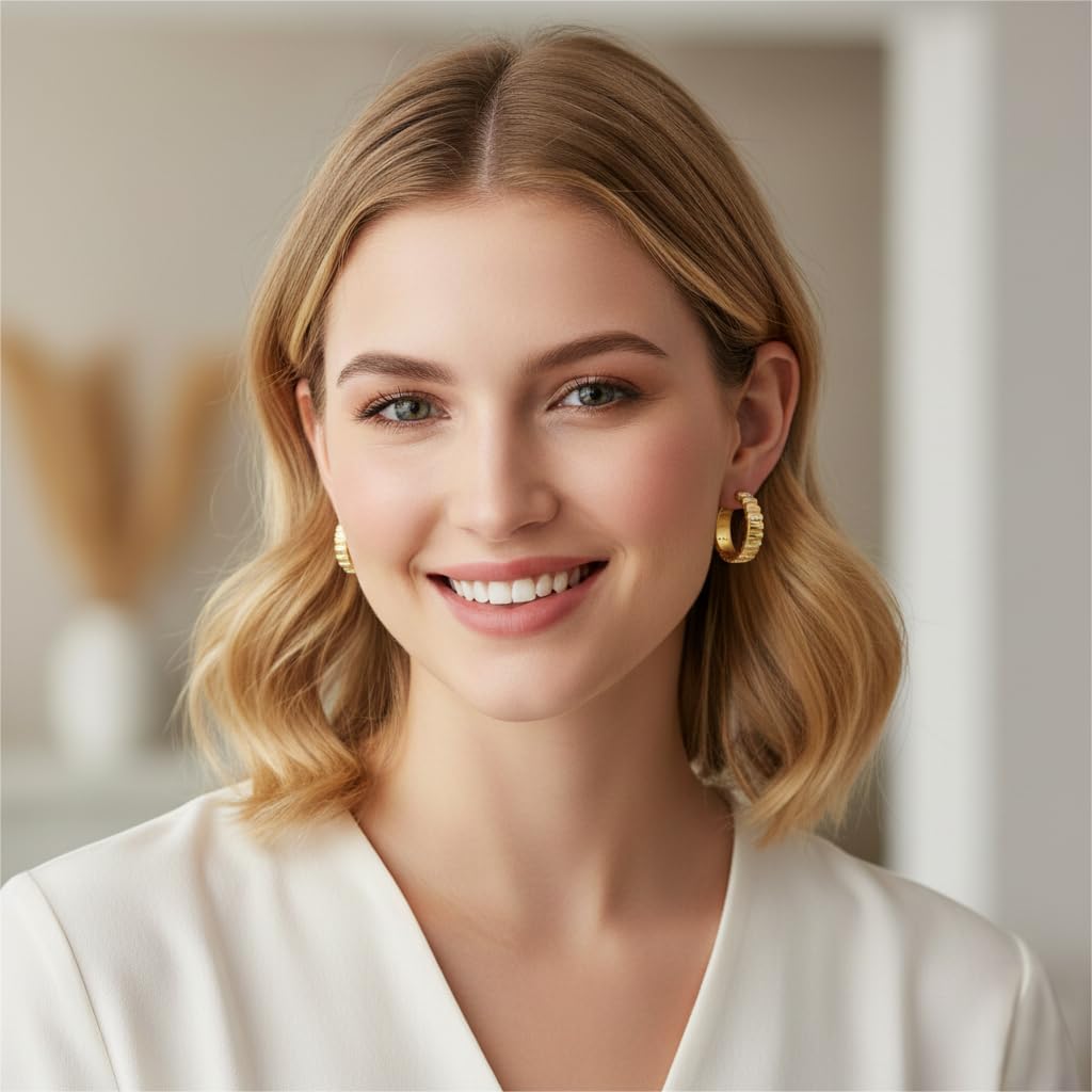 14K Gold Hoops Earrings 14 Karat Gold Hoop Earrings Chunky Hoop Earrings Stripes Lines Design Earring Statement Earring for Women Trendy 23MM - Image 7