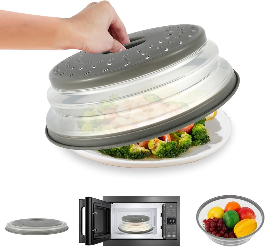 Microwave Cover for Food, 27cm Reusable and Foldable Splatter Guard Plate Cover, Splatter-Proof Microwave Covers with Grip Handle for Reheating Ready Meals, Vegetables(Grey)
