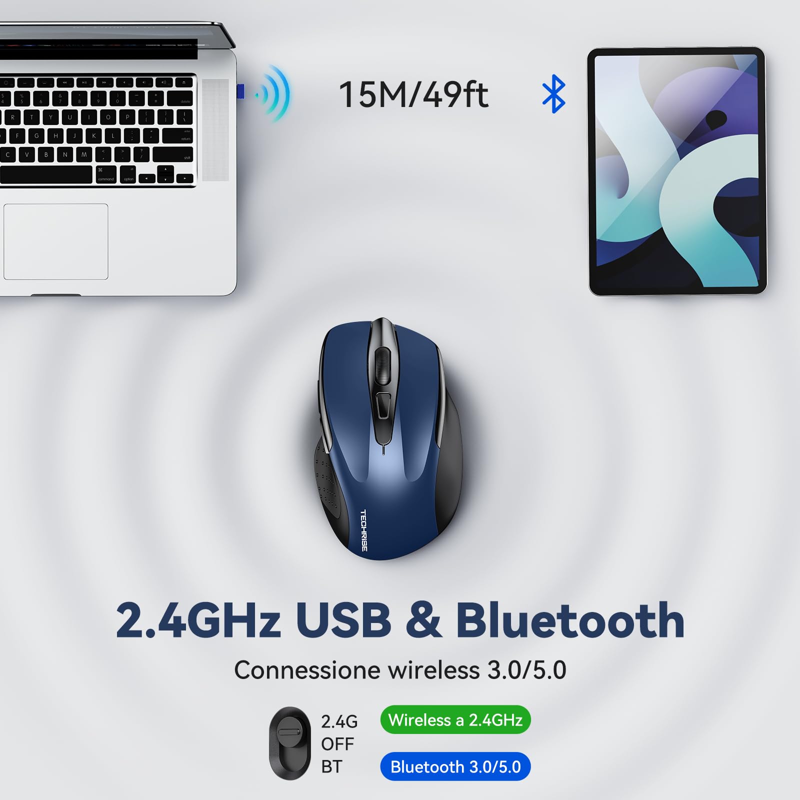Uineer Bluetooth-muis, [opgewaardeerd] draadloze muis voor meerdere apparaten, zichtbaar batterijniveau, tri-modus (BT 5.0/4.0 2.4G Hz) oplaadbare ergonomische muis, 4 instelbare DPI, koudeloze muis