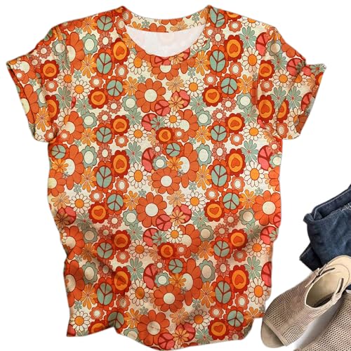 OCURHU Women 60s 70s Outfits Vintage Hippie Sign Shirt Peace Flower Graphic Tee Tops Orange Floral M