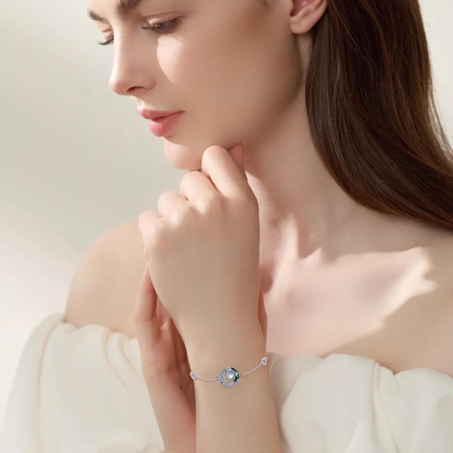 OHAYOO Crescent Moon Bracelet for Women 925 Sterling Silver Sun and Moon link Bracelet Crescent and Lunar Jewelry Romantic Celestial Gifts for Her Ideal for Birthday, Best Friend - Image 3