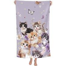 Cute Cat Beach Towel, 32x52in Microfiber Quick Dry Adorable Kitten Butterfly Light Purple Bath Towels, Soft Lightweight Oversized Sand Free, for Travel Pool Swimming Gym Decor, Gifts