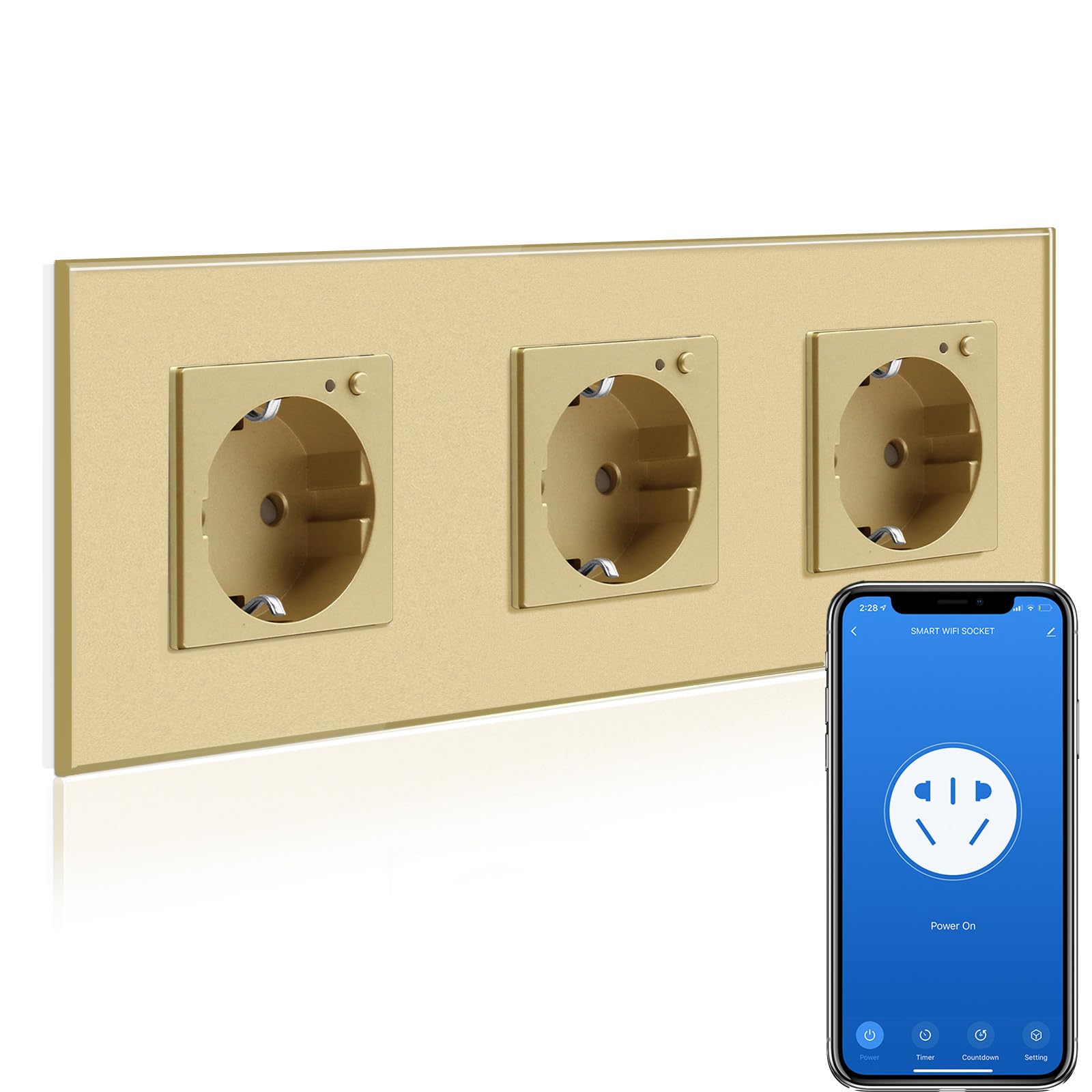BSEED Inteligentne gniazdko WiFi, współpracuje z Amazon Alexa, Google Home, funkcja timera i sterowanie aplikacją, 3-krotne gniazdo Schuko w kolorze złotym, podtynkowe, inteligentne gniazdko elektryczne - tylko 2,4 GHz