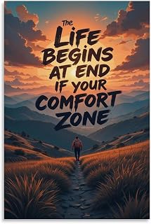 Life Begins At Comfort Zone Mountain Hiker Sunset Adventure Motivational Poster - for Bedroom Men Women Adults Teens Family Office Canvas Painting Wall Art 08x12inch(20x30cm) Unframe-style