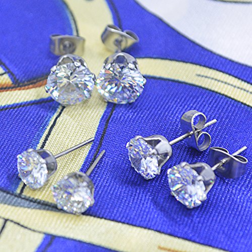 Hoveox 6 Pairs Alloy Womens Stud Earrings Round Clear Cubic Zirconia Inlaid Simulated Diamond Rhinestone Hypoallergenic Pierced Jewelry Cz Studs 0.1 Inch-0.3 Inch For Unisex Teens And Women, Silver #TOP5