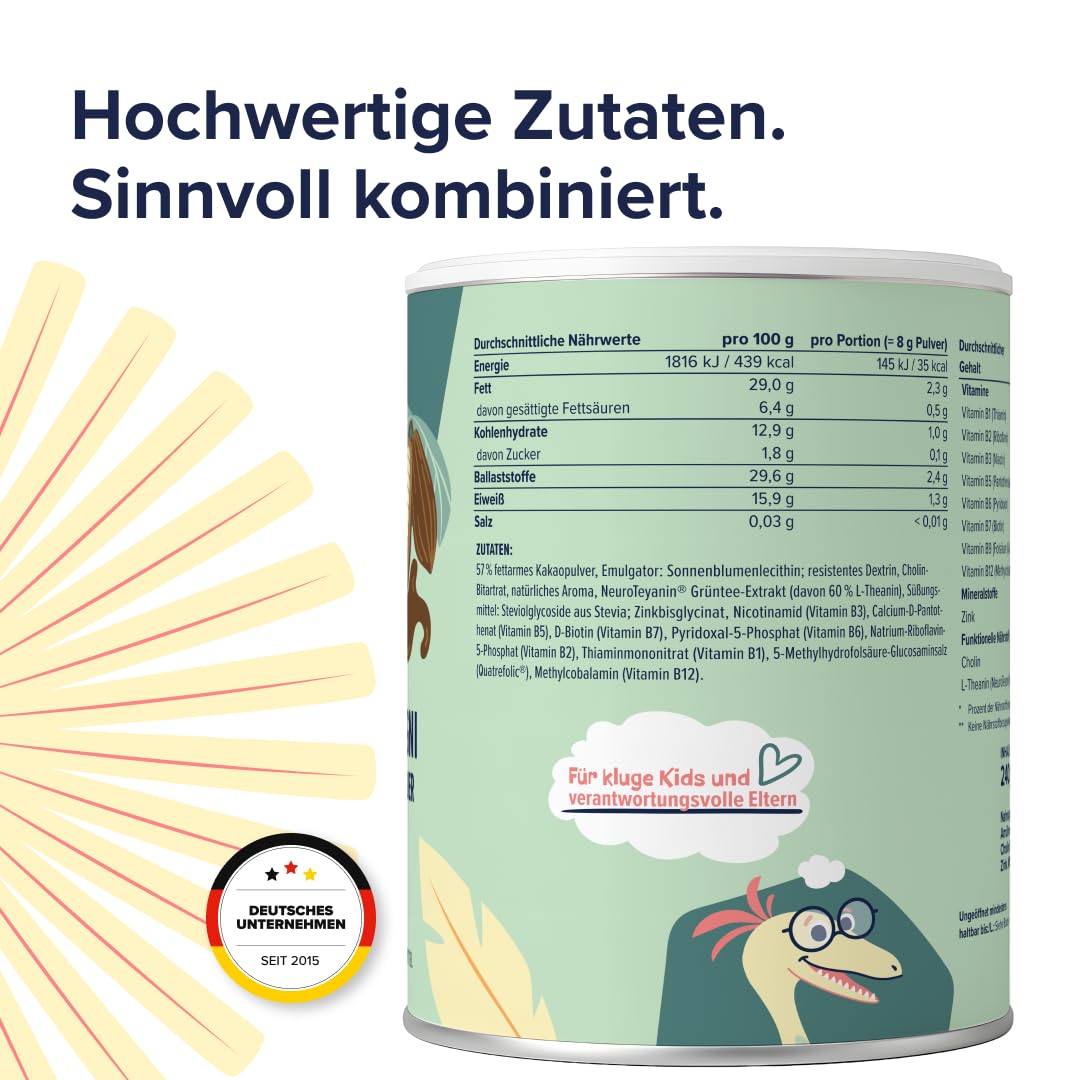 Kids Kogni - Kakao Getränkepulver zuckerfrei für Kinder - Mit B-Vitaminen, Zink, Cholin, L-Theanin und resistentem Dextrin - mit Stevia gesüßt (240 g)