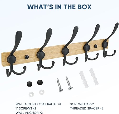 Miniatura 5 de TICONN Perchero montado en la pared, cinco ganchos resistentes de tres ganchos, construcción totalmente metálica para chaqueta, abrigo, sombrero en
