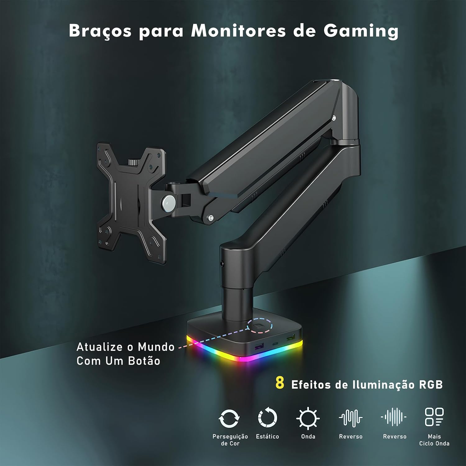 Suporte Articulado Monitor Mesa com RGB e Hub USB, VESA de Engate Rápido, Mola de Tensão Ajustável, Passagem Interna de Cabos — 17–34" / até 9 kg Suporte Articulado Monitor Mesa com RGB e Hub USB, VESA de Engate Rápido, Mola de Tensão Ajustável, Passagem Interna de Cabos — 17–34" / até 9 kg