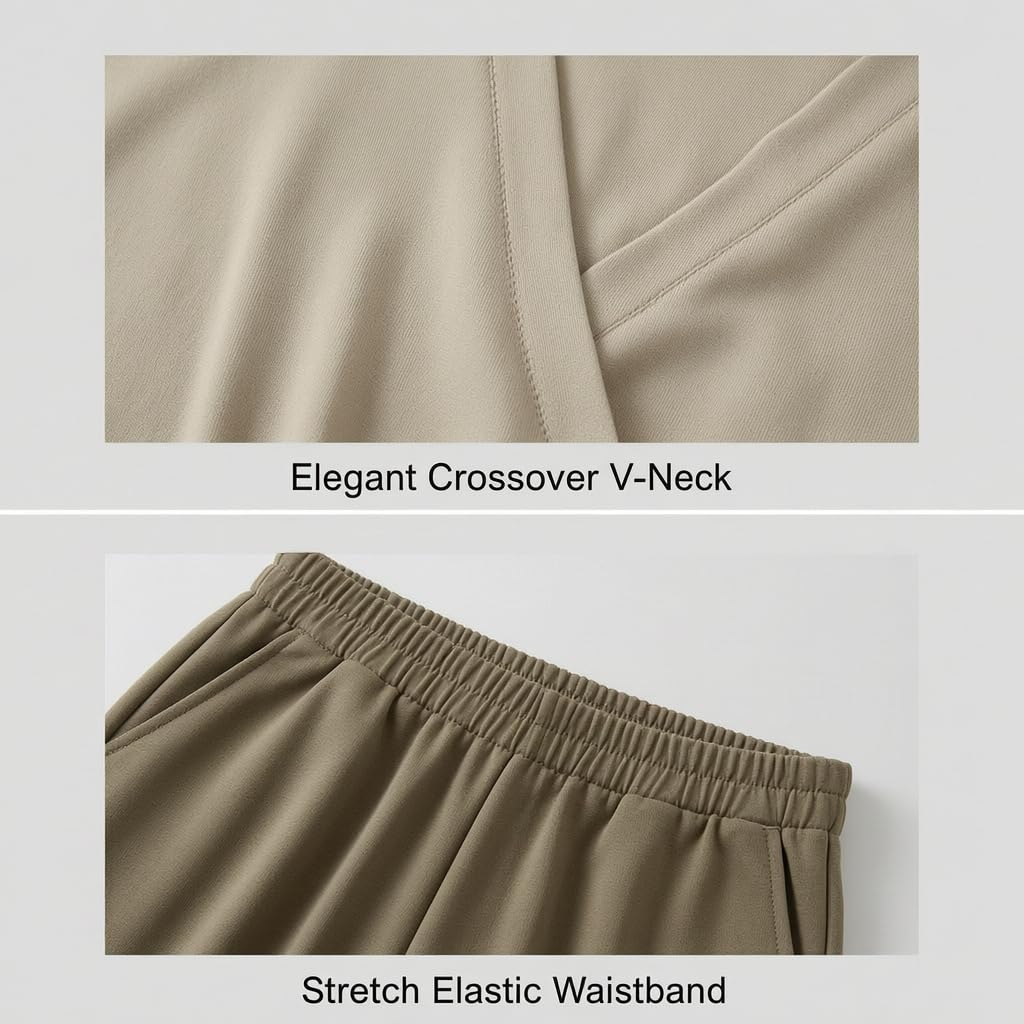 Generisch Survêtement élégant pour femme - En lin - Deux pièces - Pantalon et haut à manches courtes - Col en V - Couleur unie