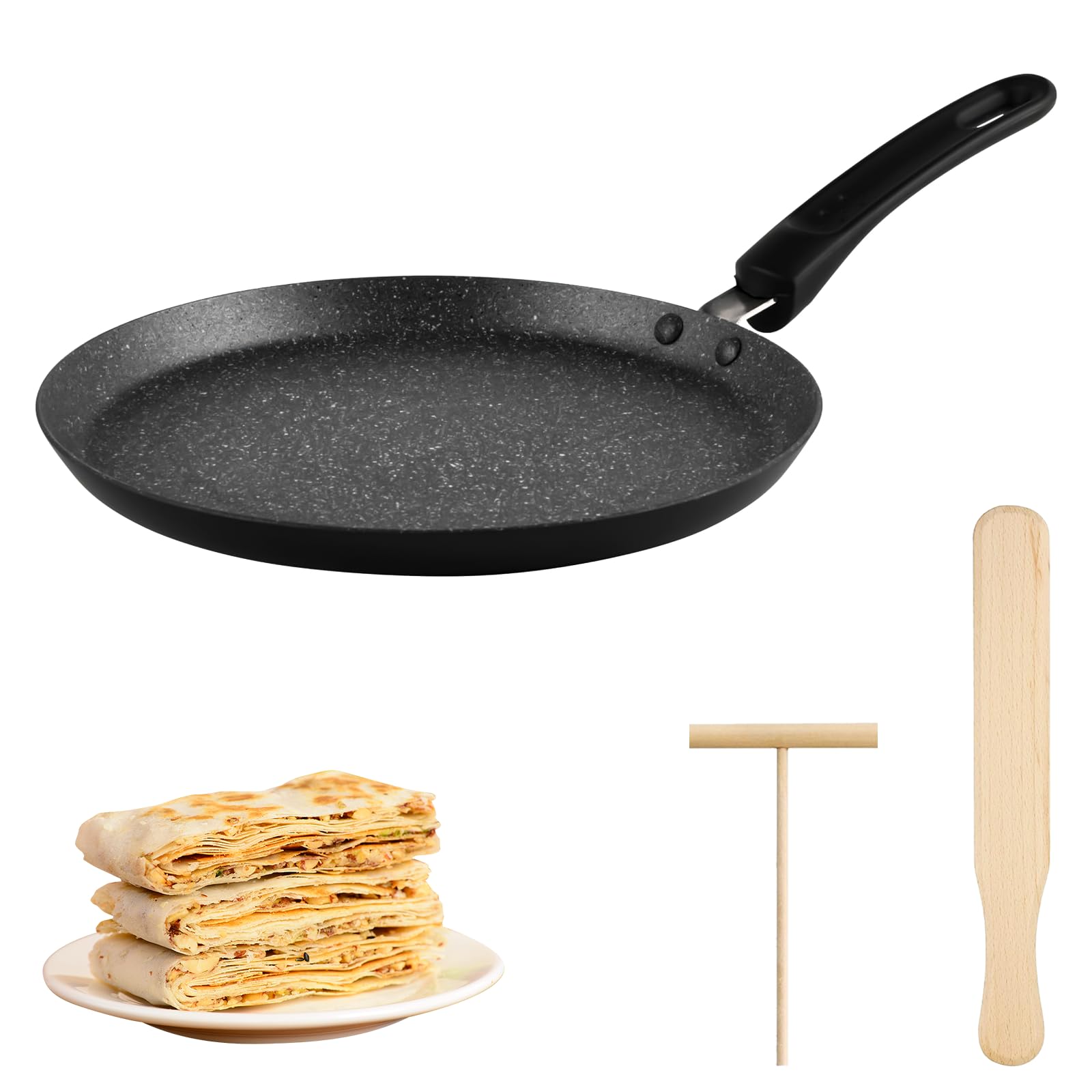 Poêle à crêpes avec revêtement anti-adhésif de 22 cm : poêle à crêpes en fonte d'aluminium avec répartiteur de pâte et pelle en bois, poêle à crêpes, poêle à induction pour d'autres sources de